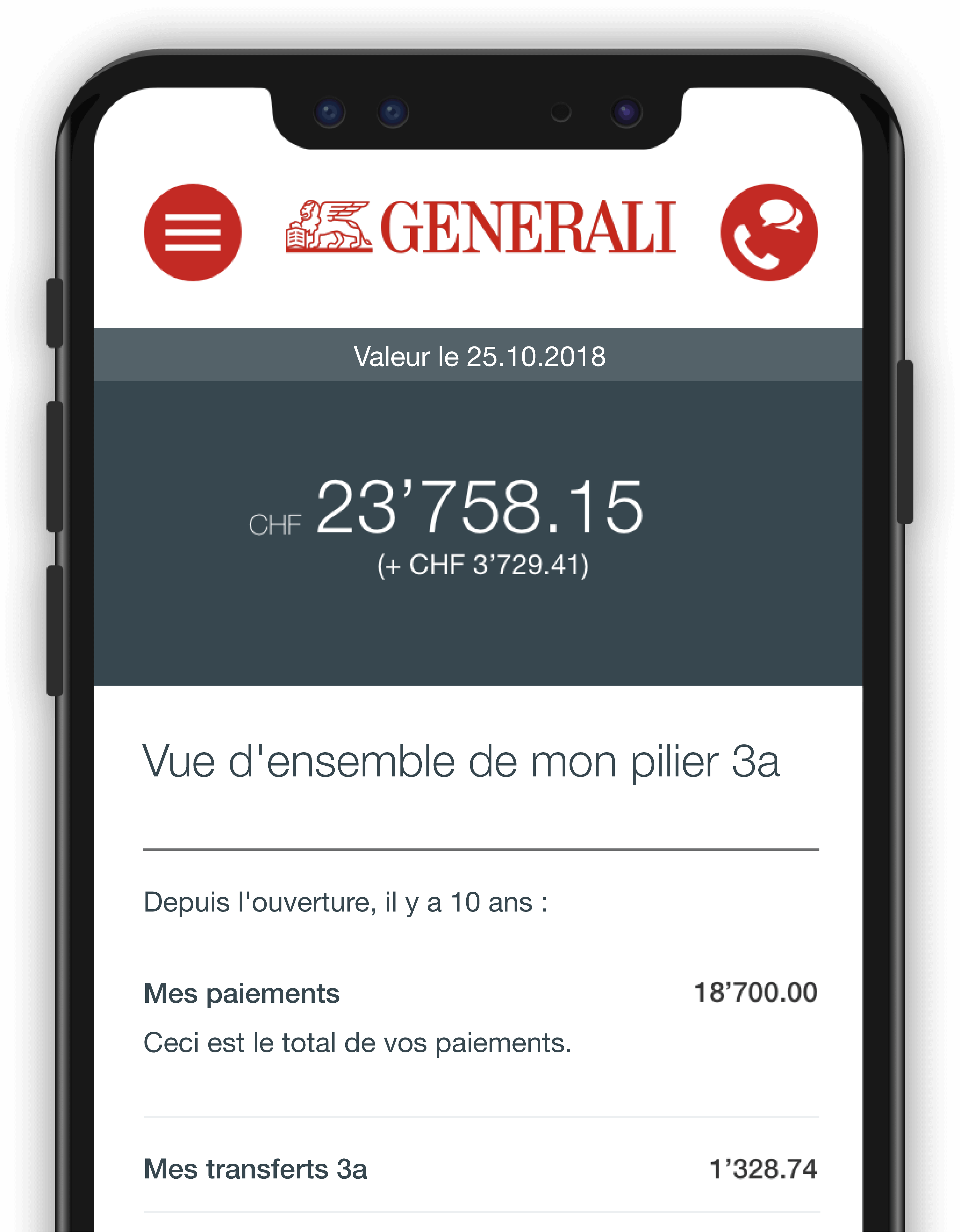 Tableau de bord utilisateur Generali Pilier 3a Flex sur iPhone X